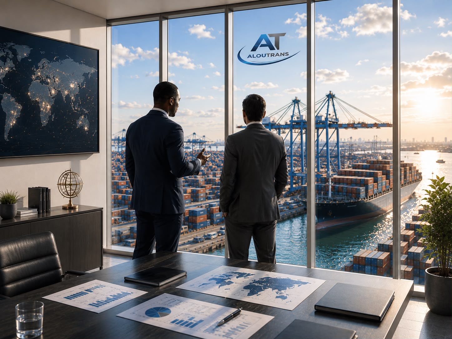 Bureau ALOUTRANS avec vue sur un port à conteneurs